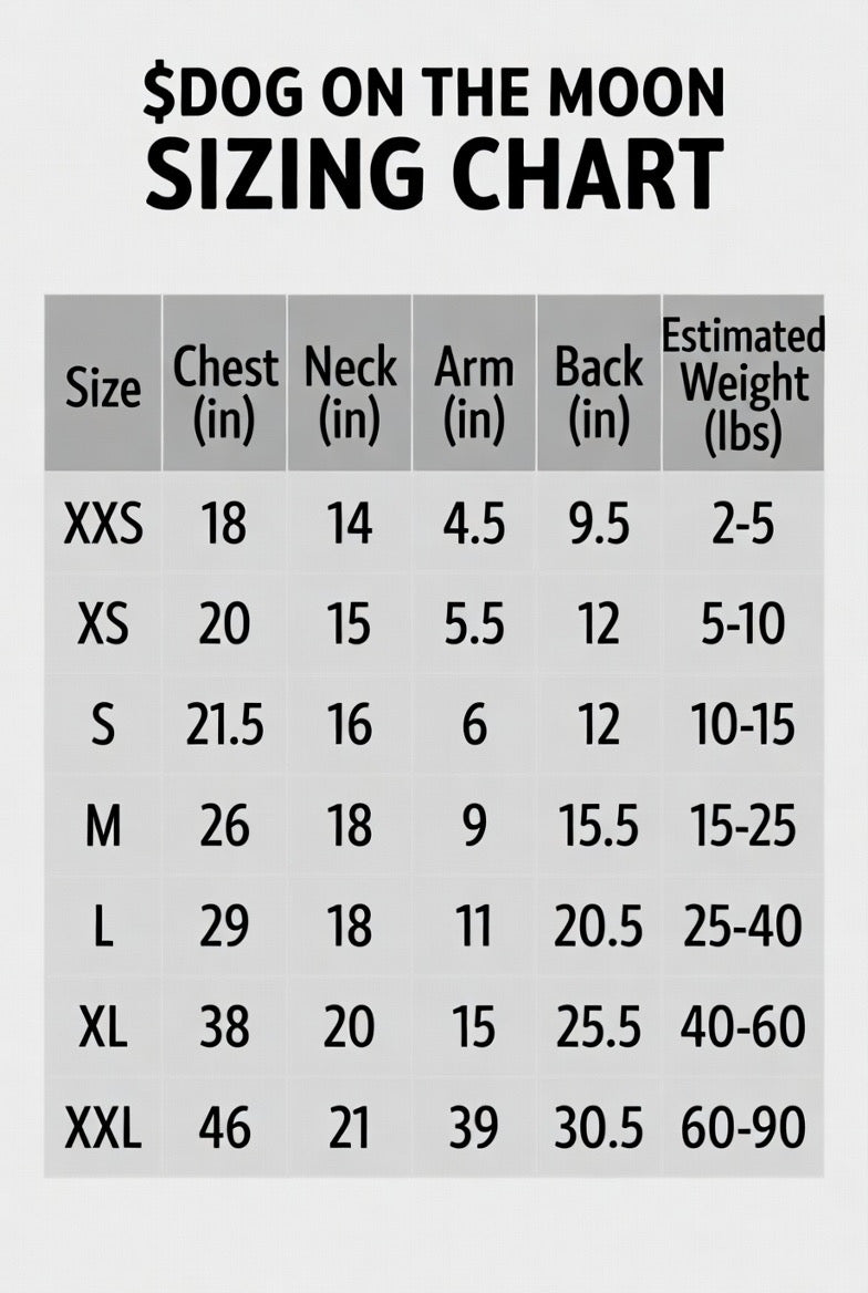 sizing chart for Dog on the Moon 